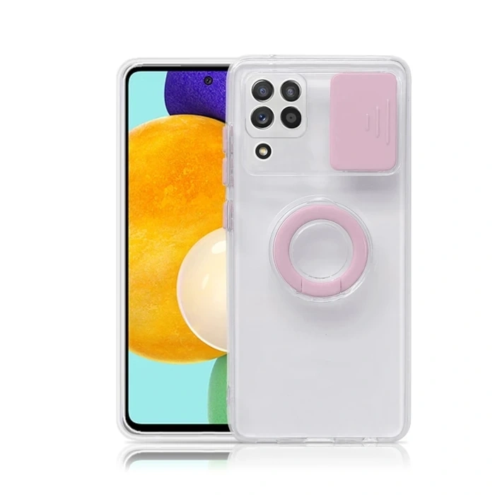 VipMarketim SM Galaxy A12 - M12 - F12 Kılıf Sürgülü Kamera Lens Korumalı Yüzük Standlı Silikon Kılıf-(5775)