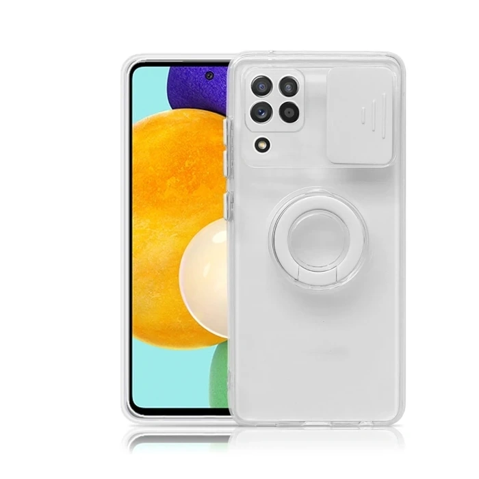 VipMarketim SM Galaxy A12 - M12 - F12 Kılıf Sürgülü Kamera Lens Korumalı Yüzük Standlı Silikon Kılıf-(5775)