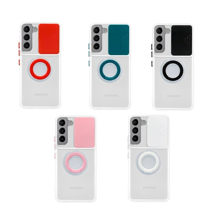 VipMarketim SM Galaxy S22 Kılıf Sürgülü Kamera Lens Korumalı Yüzük Standlı Silikon Kılıf-(5775)