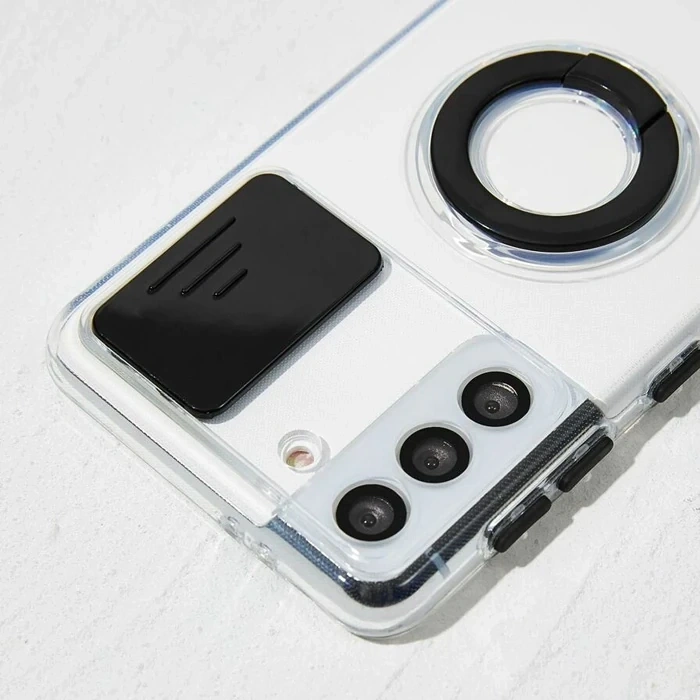 VipMarketim SM Galaxy S22 Kılıf Sürgülü Kamera Lens Korumalı Yüzük Standlı Silikon Kılıf-(5775)