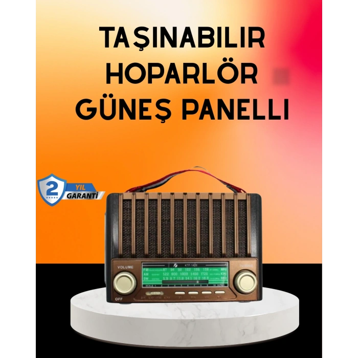 VipMarketim Solar Şarjlı Taşınabilir Radyo Bluetooth Hoparlör USB SD Destekli