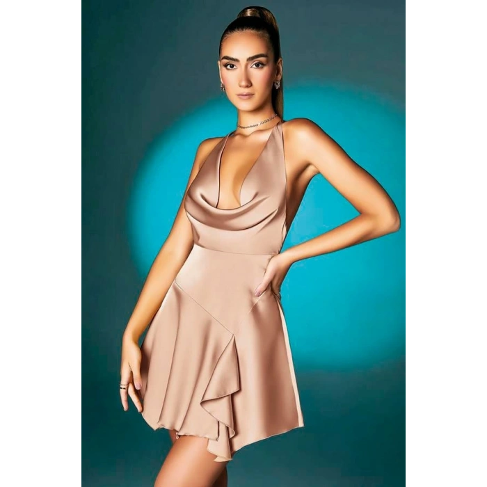 VipMarketim  Somon Askılı Degajeli Fantezi Mini Elbise