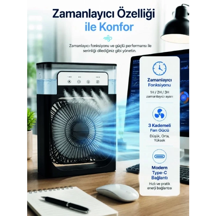 VipMarketim Su Hazneli Püskürtmeli Fan 1-3-5 Püskürtme Seçeneği Type-C Güç Girişi