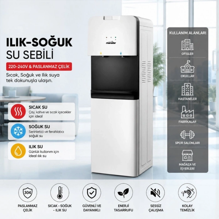 VipMarketim Su Sebili - Sıcak, Ilık ve Soğuk Su Seçenekli - Üstten Yüklemeli