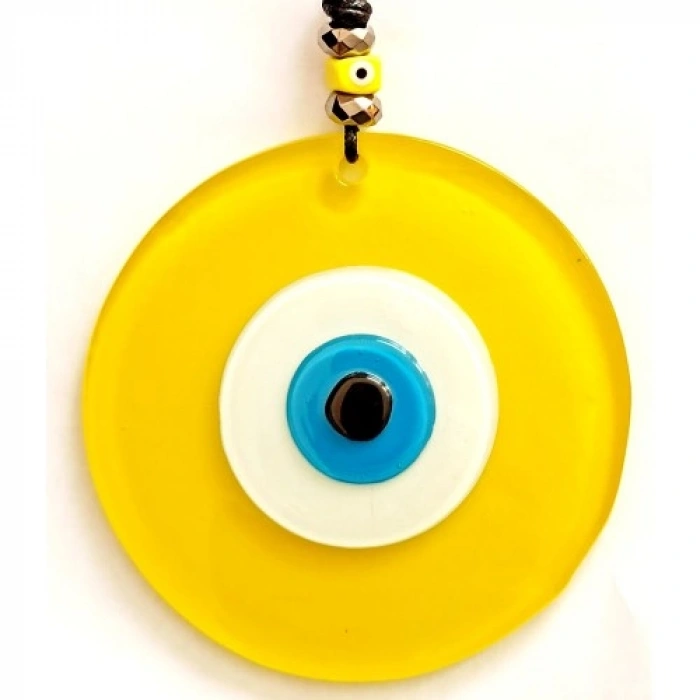 VipMarketim Tasarım Harikası Deri İpli Nazar Boncuklu Sarı Cam Duvar Süsü