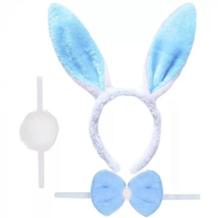 VipMarketim Tavşan Kostüm Seti Taç Papyon Ponpon Kuyruk Mavi