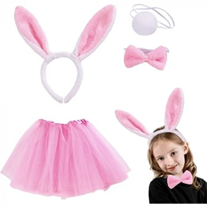 VipMarketim Tavşan Tacı Eteği Papyonu ve Kuyruk Kostüm Seti Pembe Renk Çocuk Boy