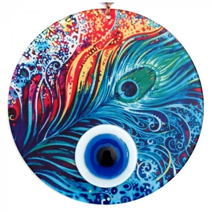 VipMarketim Tavus Kuşu Tüyü Desenli Füzyon Camdan El Yapımı Nazar Boncuklu Duvar Süsü