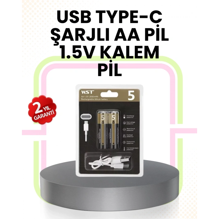 VipMarketim Tekrar Şarj Edilebilir AA USB Type-C Pil | 1000+ Döngü | 1.5V Sabit Voltaj