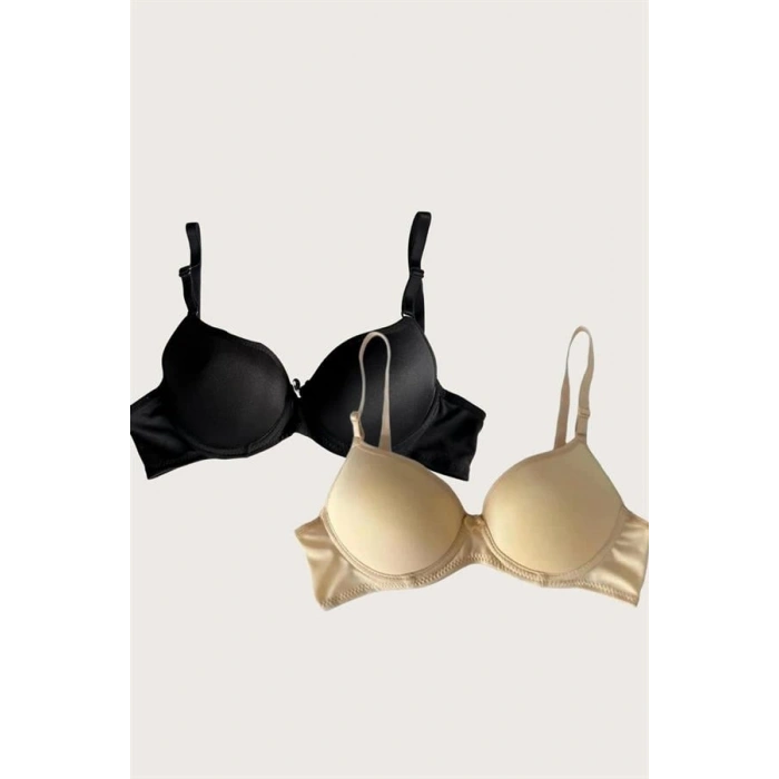 VipMarketim  Ten-siyah 2li Mikro Kumaş İçi Boş Balenli Günlük Desteksiz Sütyen