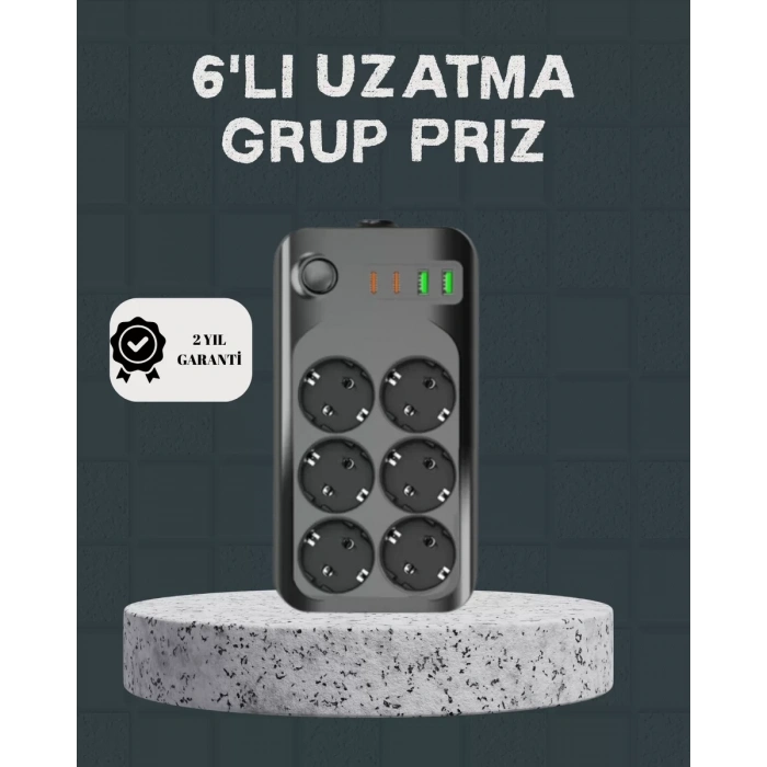 VipMarketim Termal Akım Korumalı 6’lı Uzatma Priz USB Type-C Hızlı Şarj 2500W