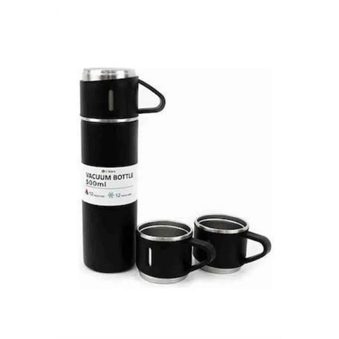 VipMarketim Termos Paslanmaz Çelik Termos Siyah Renk 3 Bardaklı Termos Seti