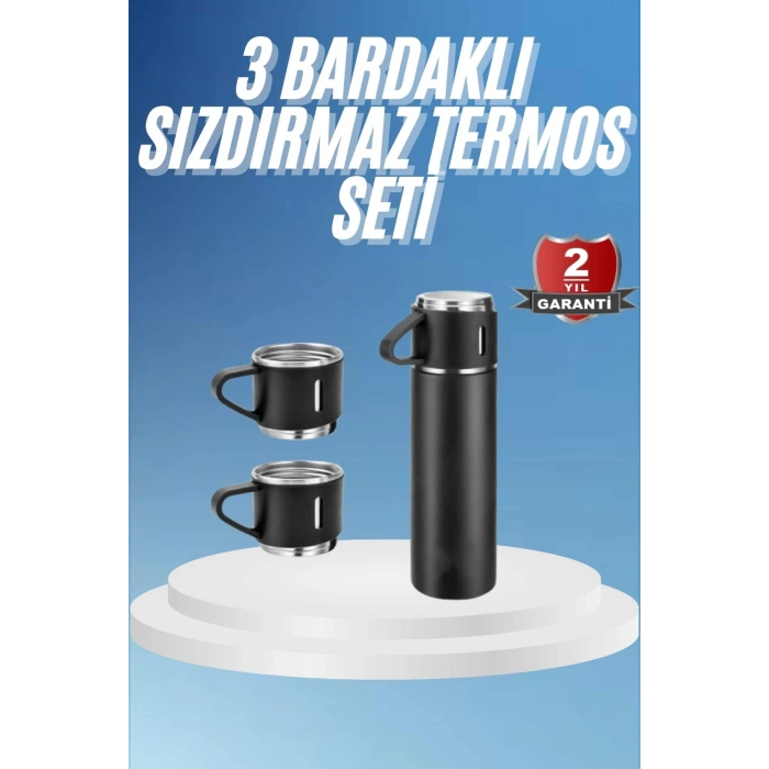 VipMarketim Termos Paslanmaz Çelik Termos Siyah Renk 3 Bardaklı Termos Seti