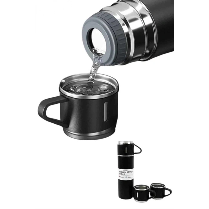 VipMarketim Termos Paslanmaz Çelik Termos Siyah Renk 3 Bardaklı Termos Seti