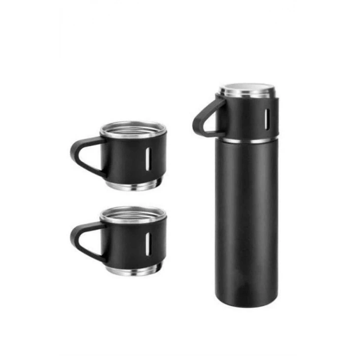 VipMarketim Termos Seti Paslanmaz Çelik 3 Bardaklı Vakumlu Termos Set 500 Ml 12 Saate Kadar Isı Koruma