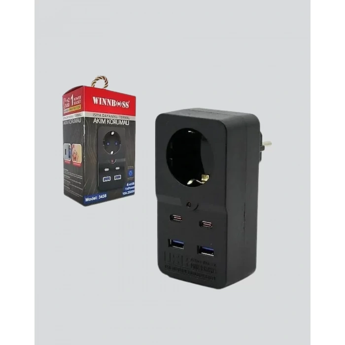 VipMarketim Tip Akım Koruma Prizi 10A 2500W USB Type C Destekli