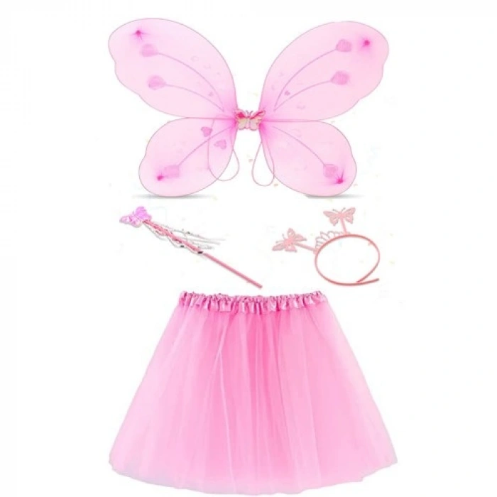 VipMarketim Toz Pembe Kelebek Kostümü ve Aksesuar Seti 4 Parça