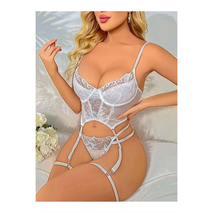 VipMarketim Transparan Beyaz Dantel İşlemeli Büstiyerli Jartiyer Takımı