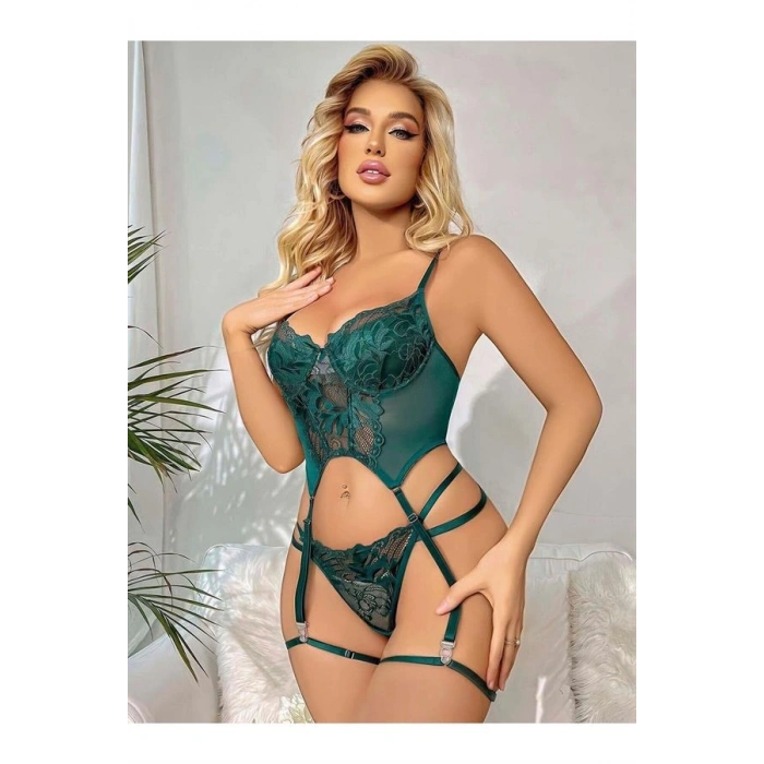 VipMarketim Transparan Yeşil Dantel İşlemeli Büstiyerli Jartiyer Takımı