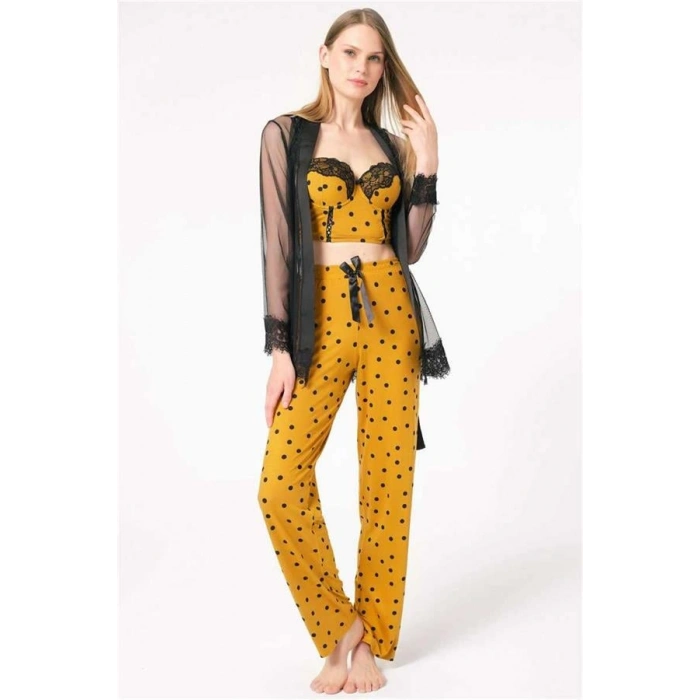 VipMarketim Tül Dantelli Sabahlık Balenli Destekli Dolgulu Puantiyeli Büstiyer Sütyen Ve Pantolon Pijama 3Lü Takım