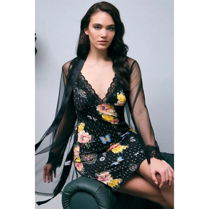 VipMarketim  Tül Sabahlık Ve Viskon Çiçek Baskılı Dantelli Kısa Gecelik Takım