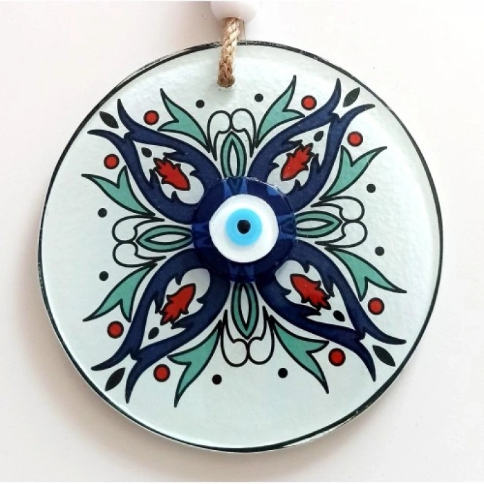 VipMarketim Turkuaz Ve Lacivert Renk Çiçekli Füzyon Cam Duvar Süsü