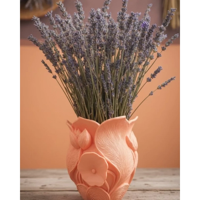 VipMarketim Turuncu Çiçek Desenli 3D Dekoratif Vazo Modern Masaüstü Aksesuar