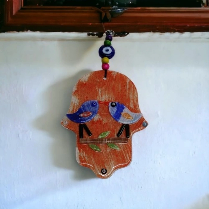 VipMarketim Turuncu Kuşlu Füzyon Cam Fatma Ana Eli Duvar Süsü Kapı Süsü