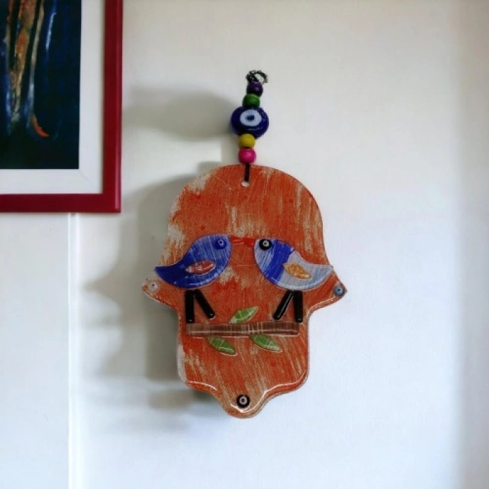 VipMarketim Turuncu Kuşlu Füzyon Cam Fatma Ana Eli Duvar Süsü Kapı Süsü