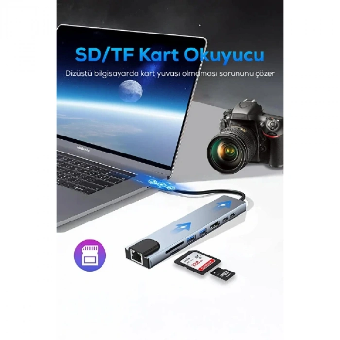 VipMarketim Type C Girişli 8 Port Dönüştürücü Ve Çoklayıcı