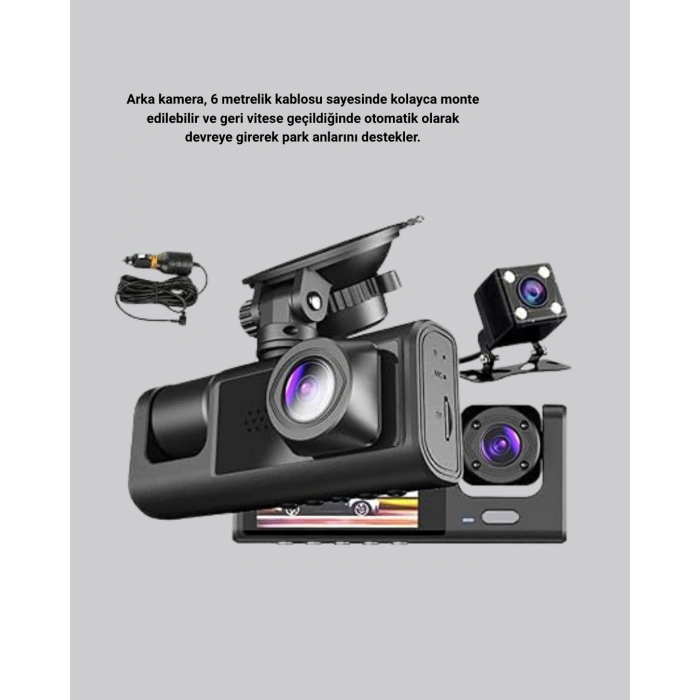 VipMarketim Üç Kameralı Araç DVR Full HD Gece Görüşlü ve 2 inç IPS Ekranlı