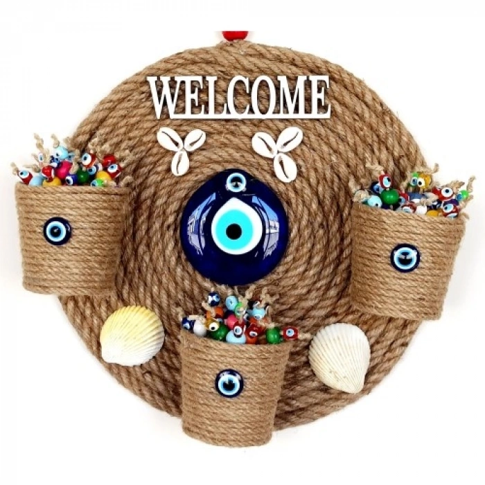 VipMarketim Üç Saksılı Welcome Yazılı Deniz Kabuklu Nazar Boncuklu Hasır Kapı Süsü