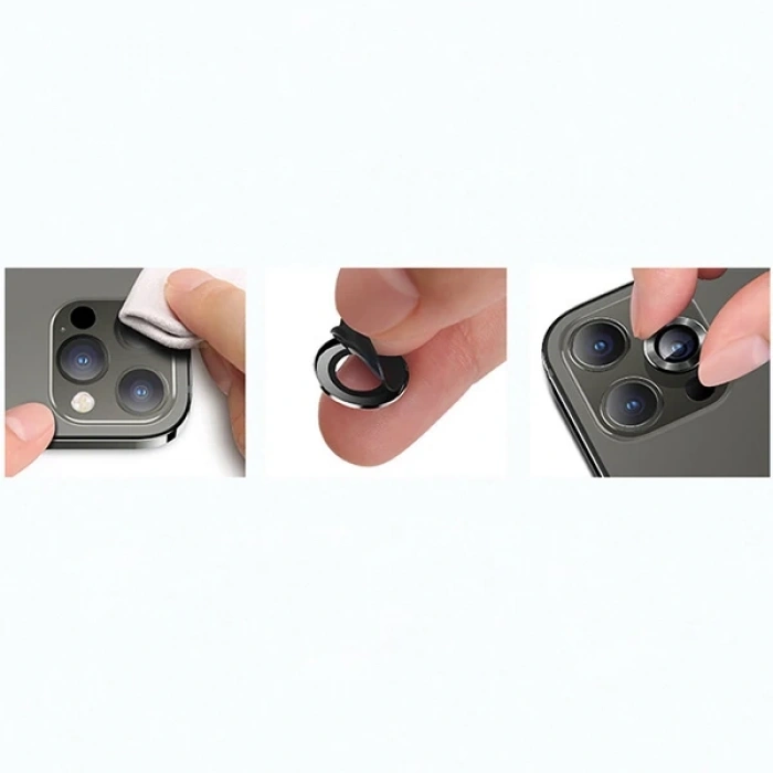 VipMarketim USAMS İPhone 12 - 12 Mini 3D Metal Çerçeveli Kamera Lens Koruyucu-(5775)