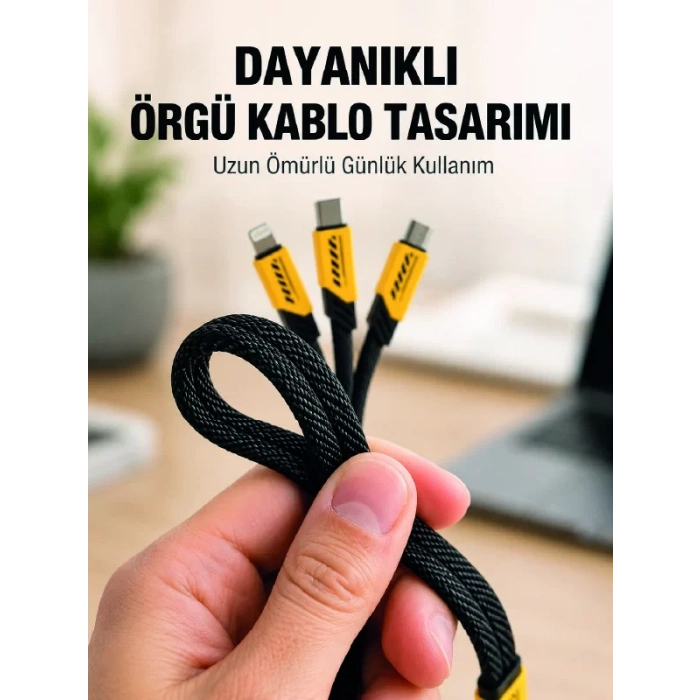 VipMarketim USB 3ü 1 Arada Şarj Kablosu 240W PD Destekli Çoklu Şarj Kablosu