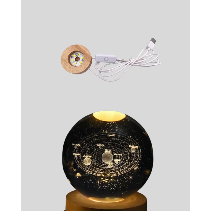 VipMarketim USB Bağlantılı Işıklı Kristal Küre Modern Ahşap Tabanlı Dekor