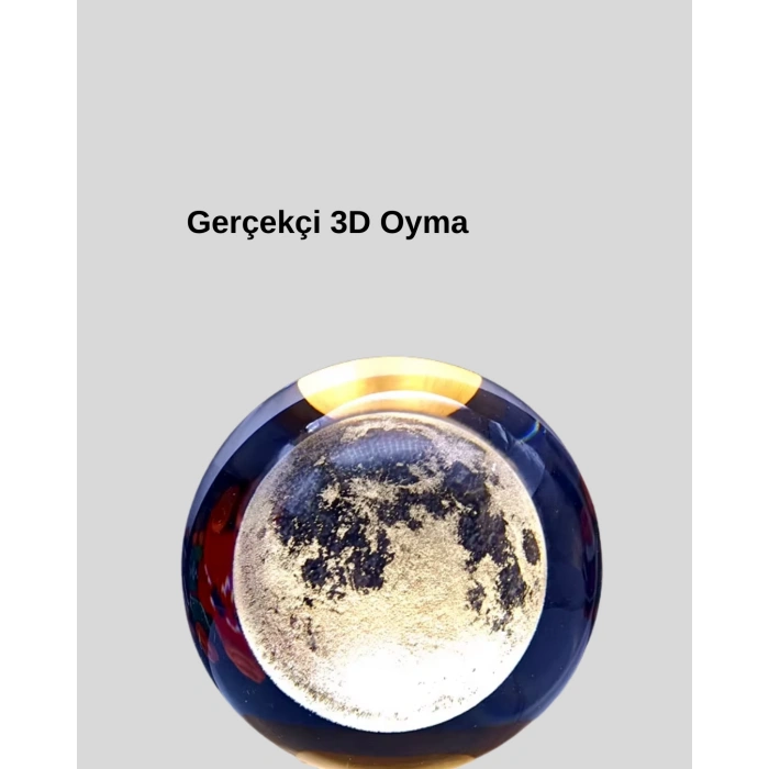 VipMarketim USB Işıklı Ay Kristal Küre 3D Oyma Tasarım Ahşap Standlı Gece Lambası