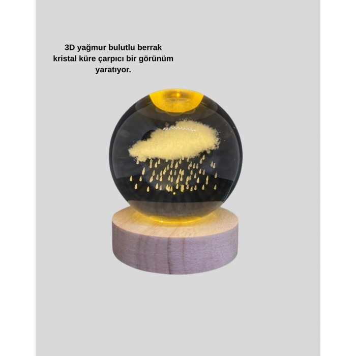 VipMarketim USB LED 3D Yağmur Bulutu Kristal Küre Sıcak Işıklı Ahşap Standlı Gece Lambası