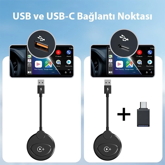 VipMarketim USB+Type-C Apple Kablosuz Wireless Carplay Adaptör Çevirici -Youtube Netflix Tiktok Video Yansıtıcı-(5775)