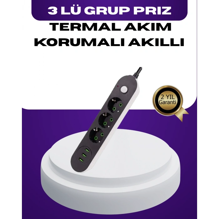VipMarketim USB Yuvalı Anahtarlı Üçlü Priz 2 Metre Kablolu