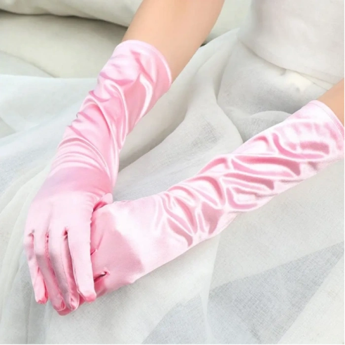 VipMarketim Uzun Boy Ekstra Parlak Saten Eldiven Pembe Renk