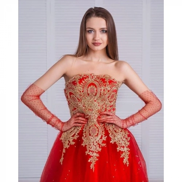 VipMarketim Uzun Boy Kırmızı Puantiyeli Kırmızı Renk Yetişkin Tül Eldiven