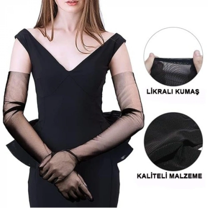 VipMarketim Uzun Boy Likralı Siyah Yetişkin Mega Tül Eldiven