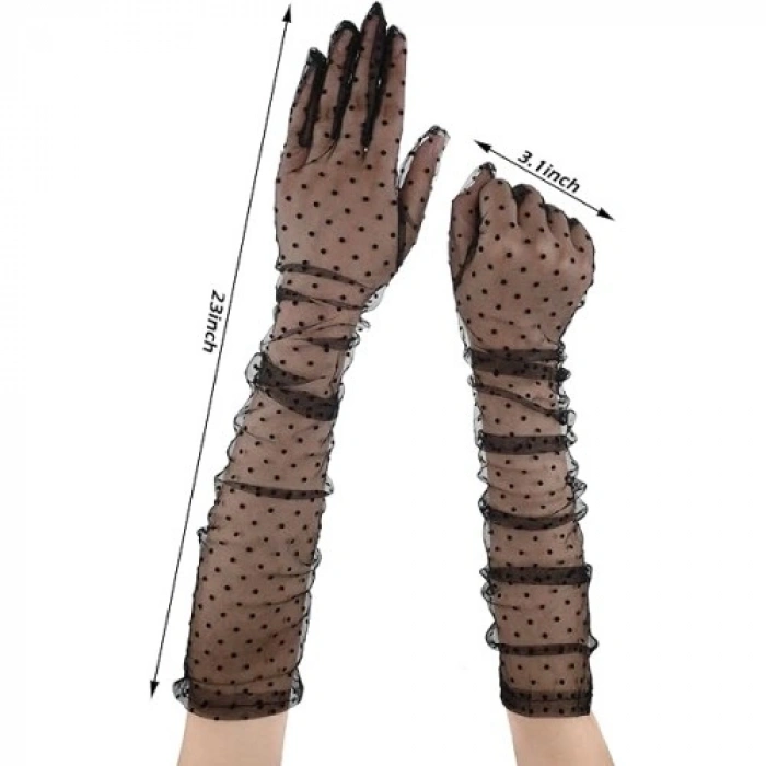 VipMarketim Uzun Boy Siyah Puantiyeli Siyah Renk Yetişkin Tül Eldiven 55 cm