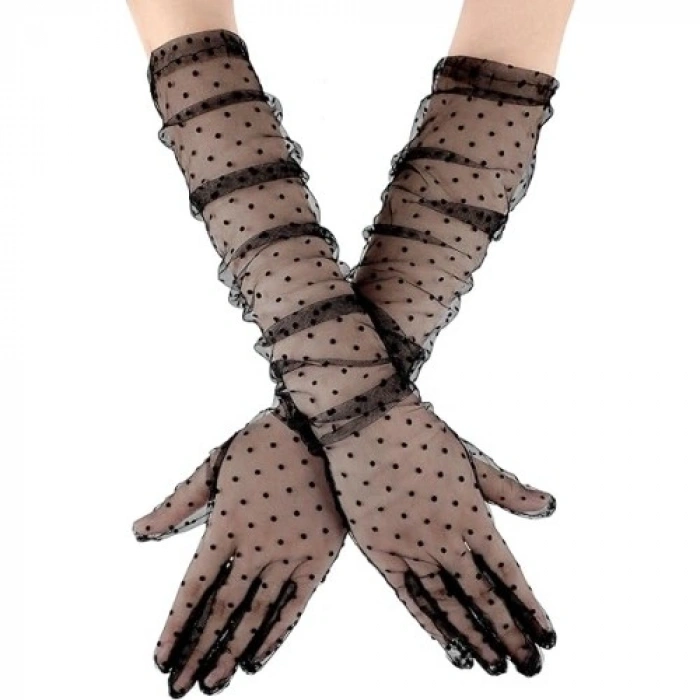 VipMarketim Uzun Boy Siyah Puantiyeli Siyah Renk Yetişkin Tül Eldiven 55 cm