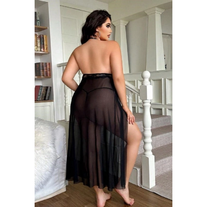 VipMarketim Uzun Gecelik Yırtmaçlı Dantel Göğüs detaylı Sık Romantik Kadın Gecelik