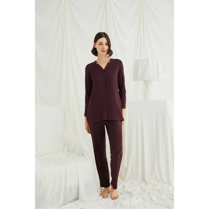 VipMarketim Uzun Kollu Boydan Düğmeli V Yaka Pijama Takımı