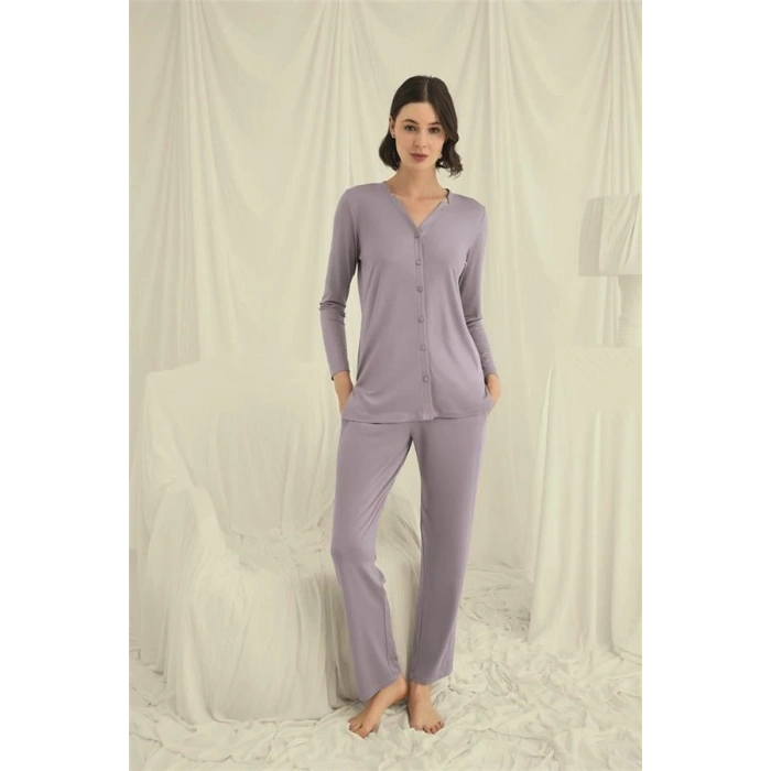 Vipmarketim Uzun Kollu Boydan Düğmeli V Yaka Pijama Takımı