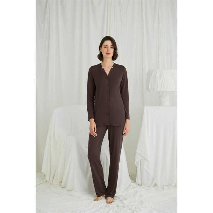 VipMarketim Uzun Kollu Boydan Düğmeli V Yaka Pijama Takımı