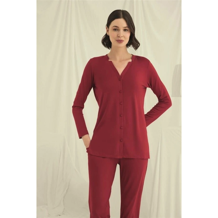 Vipmarketim Uzun Kollu Boydan Düğmeli V Yaka Pijama Takımı