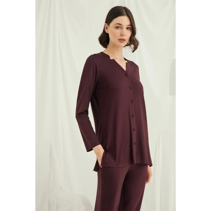 VipMarketim Uzun Kollu Boydan Düğmeli V Yaka Pijama Takımı